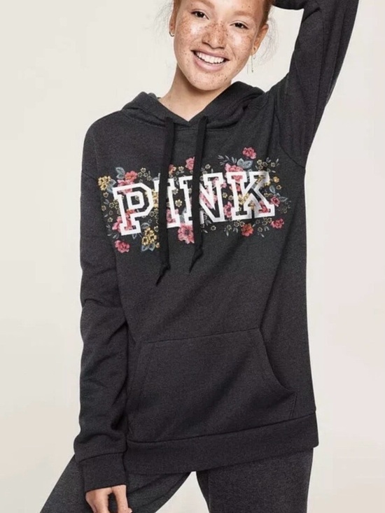 PINK Victoria's Secret Tops - Victoria’s Secret Pink Everyday Lounge Campus Grey Floral Pullover Hoodie Size M